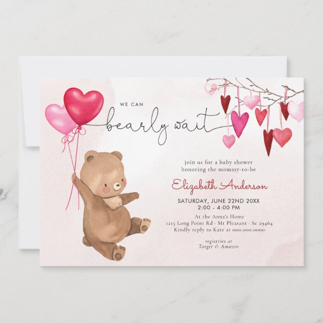 Invitation Valentine Coeur Ours Balloon rose Fille Baby showe (Devant)