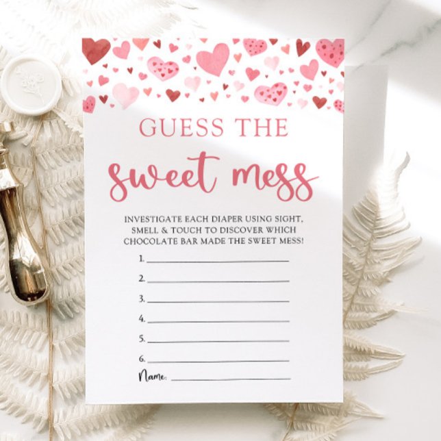 Invitation Valentine Guess the Sweet Mess Baby shower Game (Watercolor Cute Pink Red Hearts Valentine Sweetheart Baby Girl Guess the Sweet Mess Baby Shower Game)