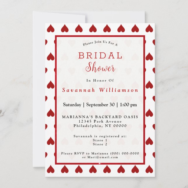 Invitation Valentine Red Heart Fête des mariées (Devant)