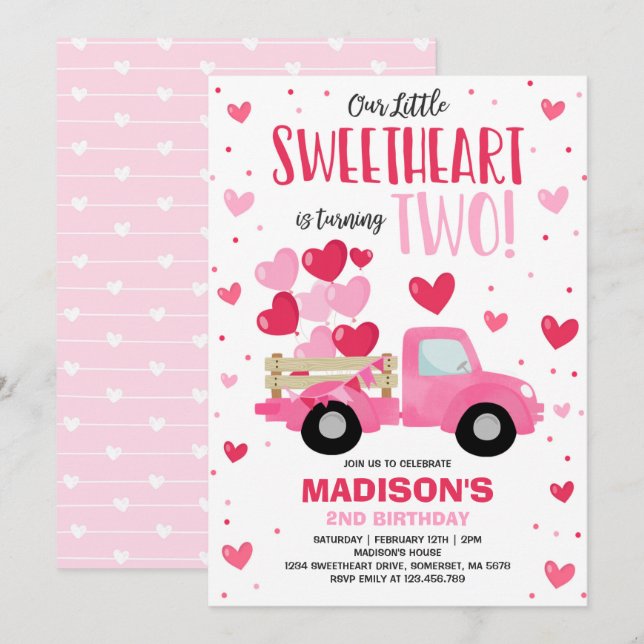 Invitation Valentine Sweetheart 2e anniversaire Camion rouge  (Devant / Derrière)