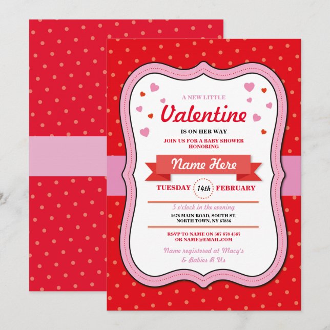 Invitation Valentines Baby shower Girl Love Red Pink Hearts (Devant / Derrière)