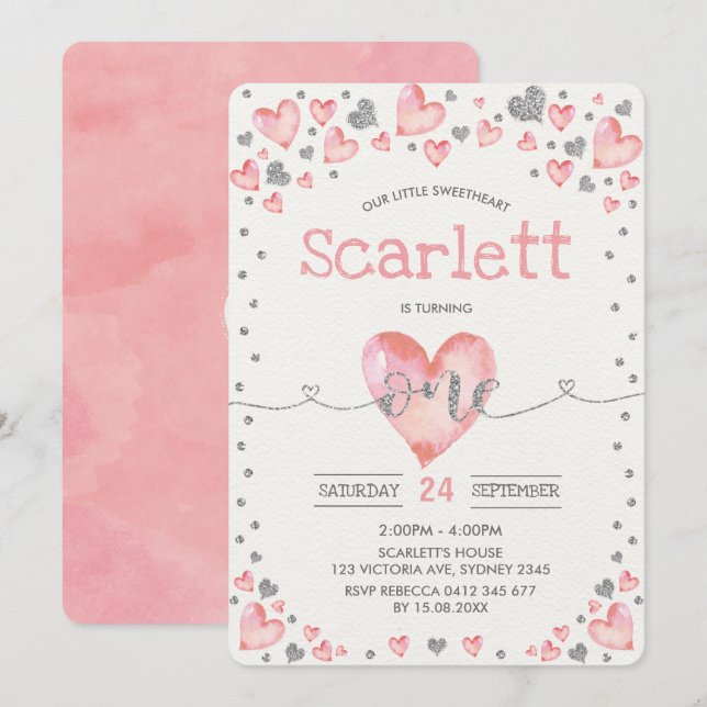 Invitation Valentines d'argent rose 1er anniversaire (Devant / Derrière)