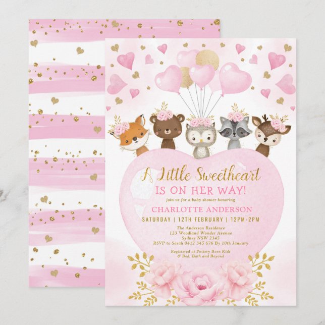 Invitation Valentines d'or rose amour bébé fille douche (Devant / Derrière)