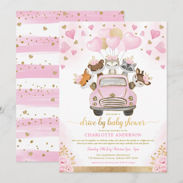 Invitation Valentines d'or rose - Voiture de bois par Baby sh (Devant / Derrière)