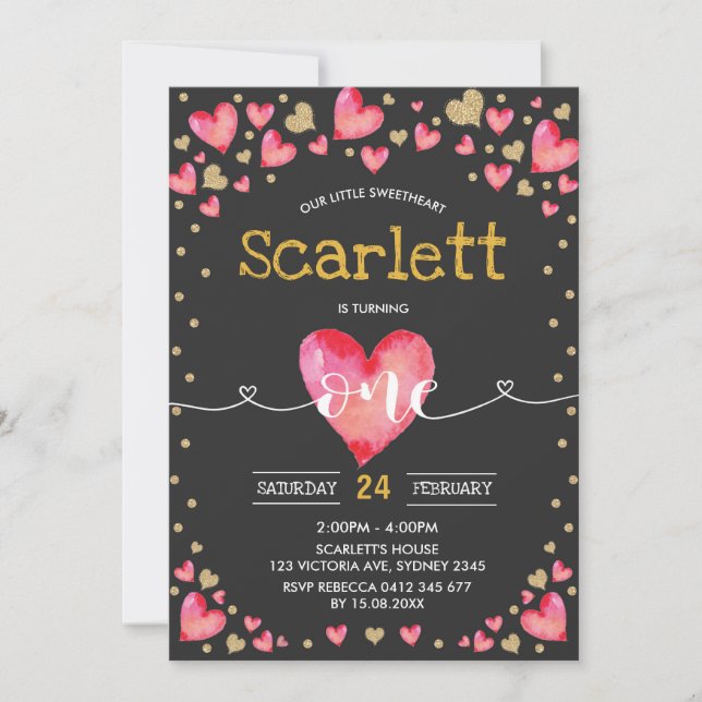 Invitation Valentines d'or rouge amour 1er anniversaire (Devant)