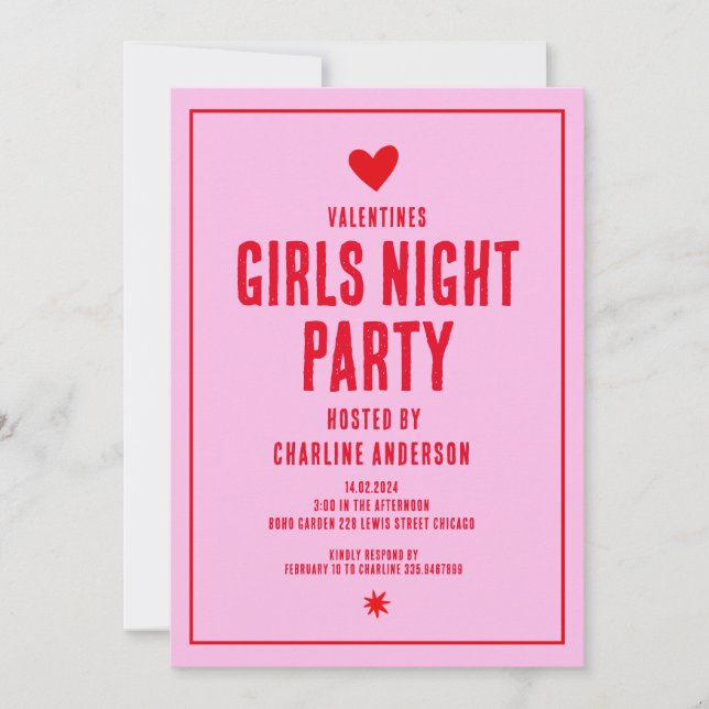 Invitation Valentines Filles Fête de nuit (Devant)