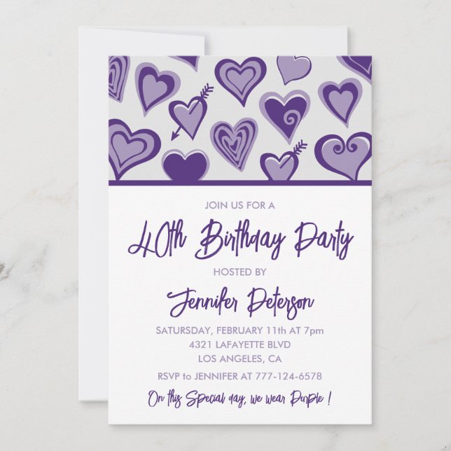 Invitation Valentines jour 40e anniversaire coeur pourpre (Devant)