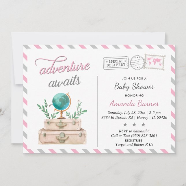 Invitation Valise de voyage Bébé Fille Douche Aventure Attend (Devant)