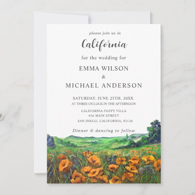 Invitation Vallée Californie Poppies Paysage Mariage floral (Devant)