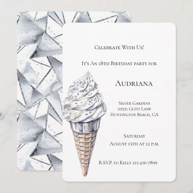 Invitation Vanilla Argent Confetti Ice Cream Cone Anniversair (Devant / Derrière)