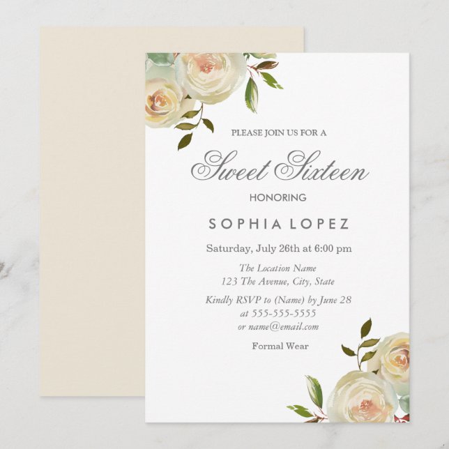 Invitation Vanille Crème Blanche Roses Élégant Sweet 16 Party (Devant / Derrière)