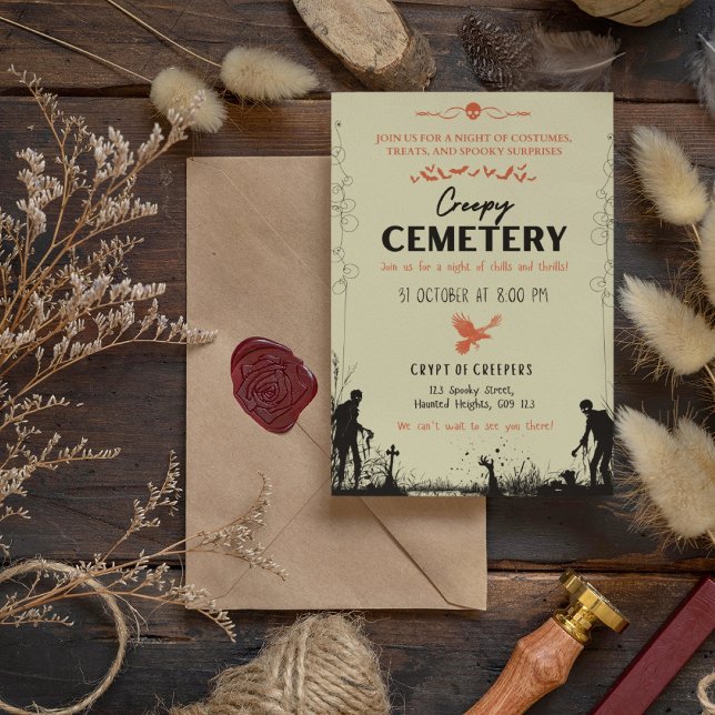 Invitation Vanille de cimetière déplaisant avec Accent Vermil (Creepy Cemetery Vanilla with Vermilion Accent Invitation Cover from The Beekeeper Store)