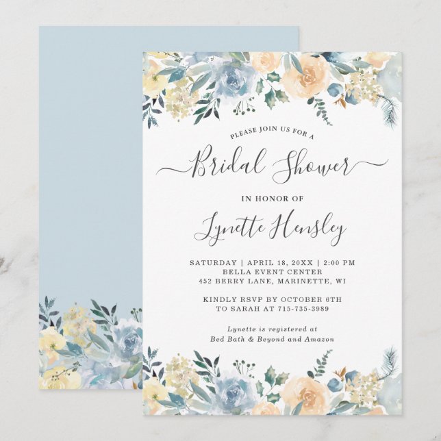 Invitation Vanille de printemps Fête des mariées Florale Bleu (Devant / Derrière)