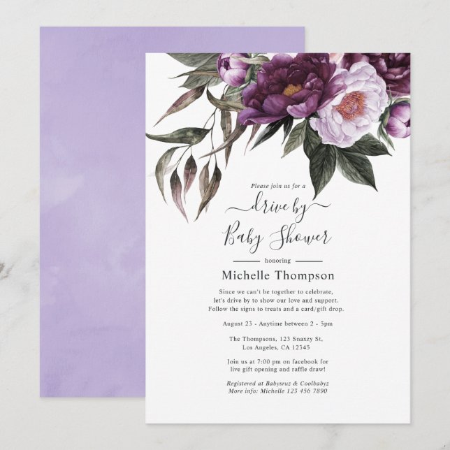 Invitation Vapeur profond Floral Drive Par la mariée ou le Ba (Devant / Derrière)