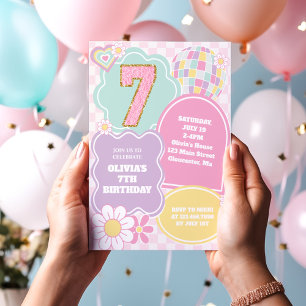 Invitation Varsity preppy pastel patch 7e Anniversaire