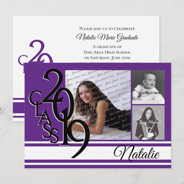 Invitation Varsity Purple 2019 Graduation Trois Photo (Devant / Derrière)