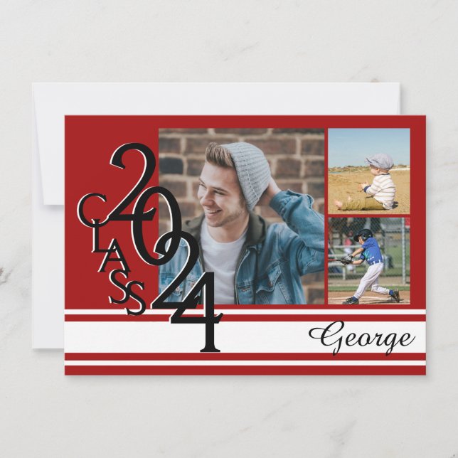 Invitation Varsity Red 2024 Graduation Tri Photo (Devant)