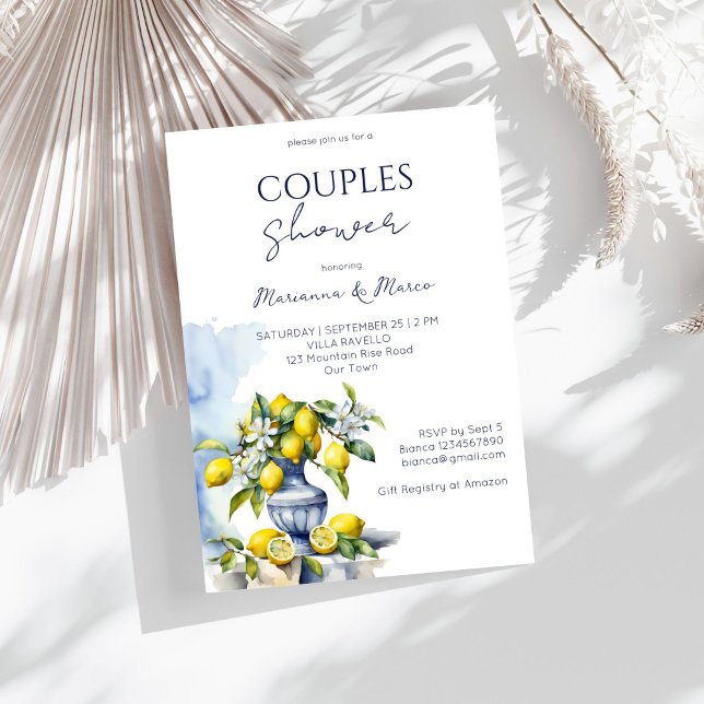 Invitation Vase bleu italien d'Amalfi citrons couples douche (Amalfi Italian blue talavera ceramic vase lemons summer couples shower Invitation editable template )