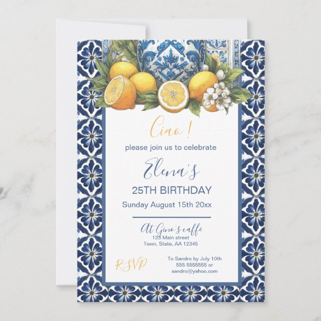 Invitation Vase citron blanc et bleu Amalfi en céramique Ital (Devant)