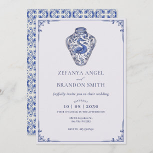 Invitation Vase d'art blanc bleu mariage