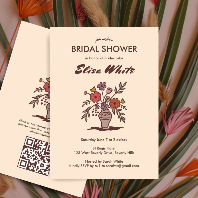 Invitation Vase floral Neutral Fête des mariées lunaire QR (Floral Vase Neutrals Whimsical Bridal Shower QR Invitation
)