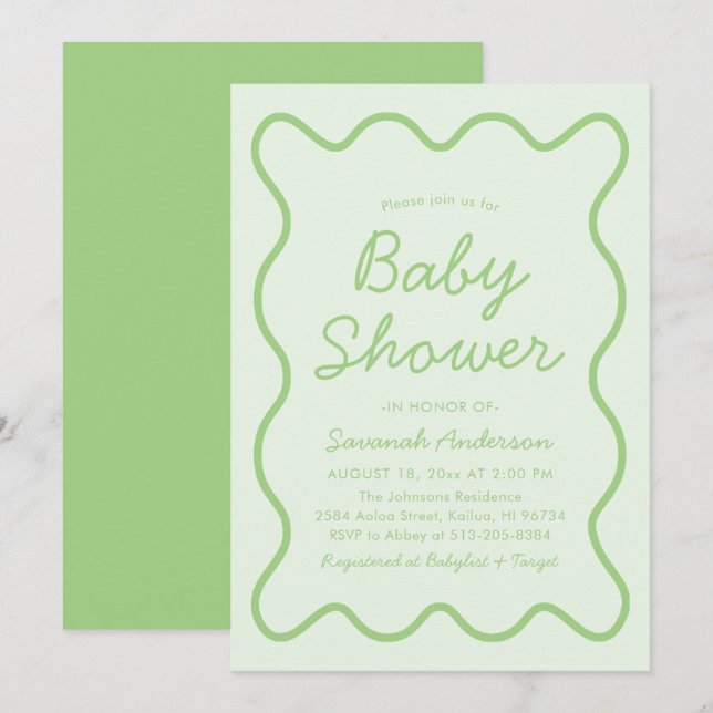 Invitation Vastes Moderne Courbe Retro Sage Baby shower Vert (Devant / Derrière)