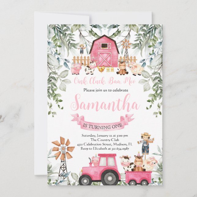 Invitation Végétal Animaux de ferme Barnyard Rose Girl Annive (Devant)
