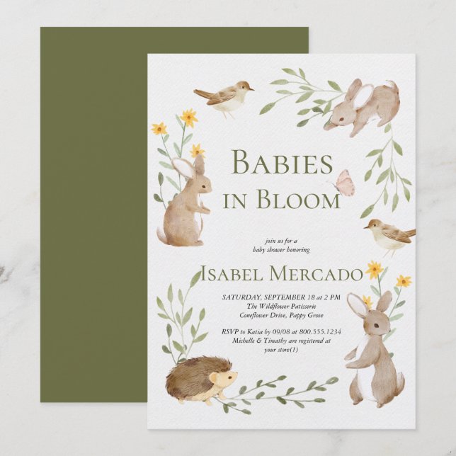 Invitation Végétal animaux de la forêt bois Bébés en fleurs (Devant / Derrière)