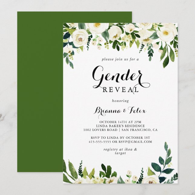 Invitation Végétal Blanc Automne Floral Genre Reveal Party (Devant / Derrière)