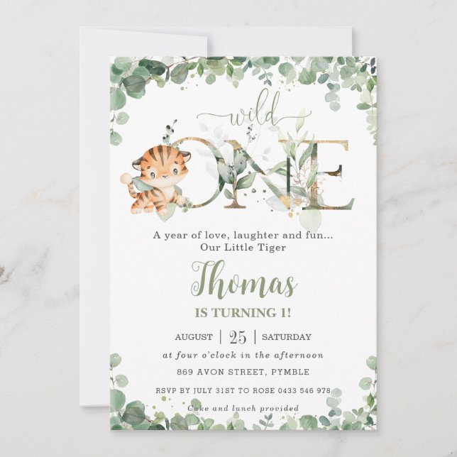 Invitation Végétal Cute Tiger Cub Garçon 1er Anniversaire Sau (Devant)