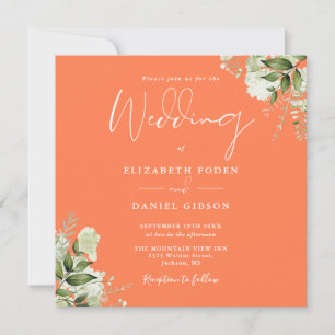 Invitation Végétal Floral Photo Coral Carré Mariage