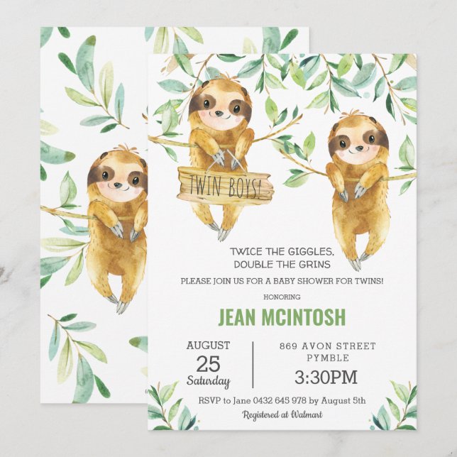 Invitation Végétal Joli Baby shower Sloth Twin Boys Twins (Devant / Derrière)
