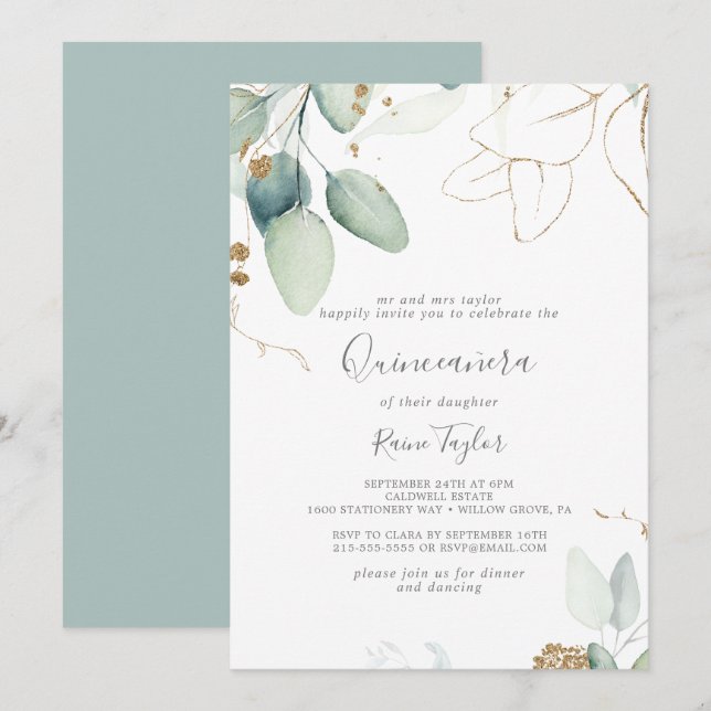 Invitation Végétation aérée et feuille d'or Quinceañera (Devant / Derrière)