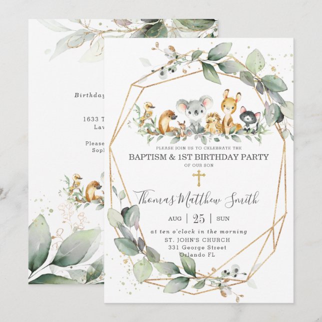 Invitation Végétation Animaux australiens Baptême & 1er anniv (Devant / Derrière)