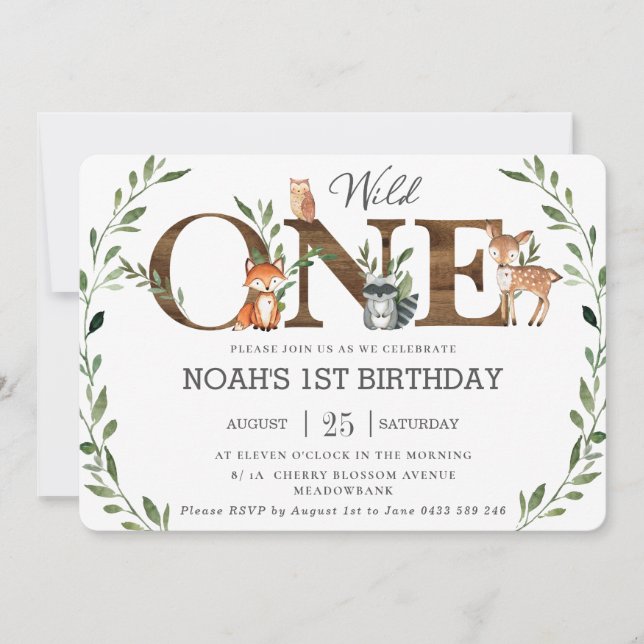 Invitation Végétation Bois Animaux Sauvages Un 1er anniversai (Devant)