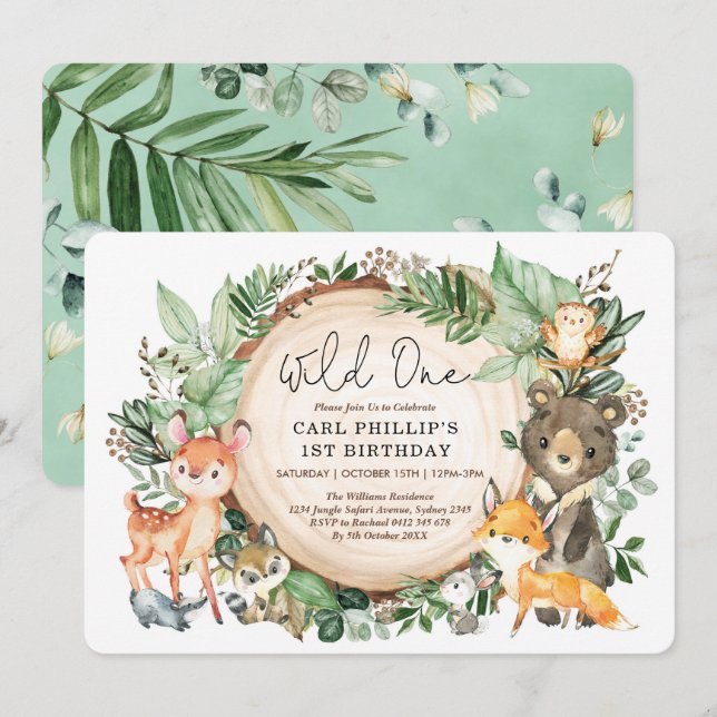 Invitation Végétation Bois Animaux Sauvages Un 1er Anniversai (Devant / Derrière)