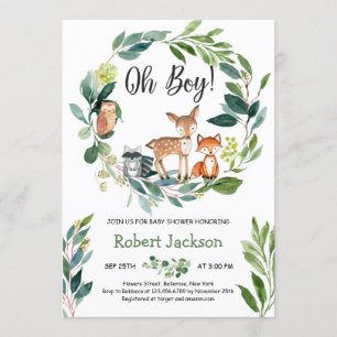 Invitation Végétation boisée wreath animaux oh garçon bébé