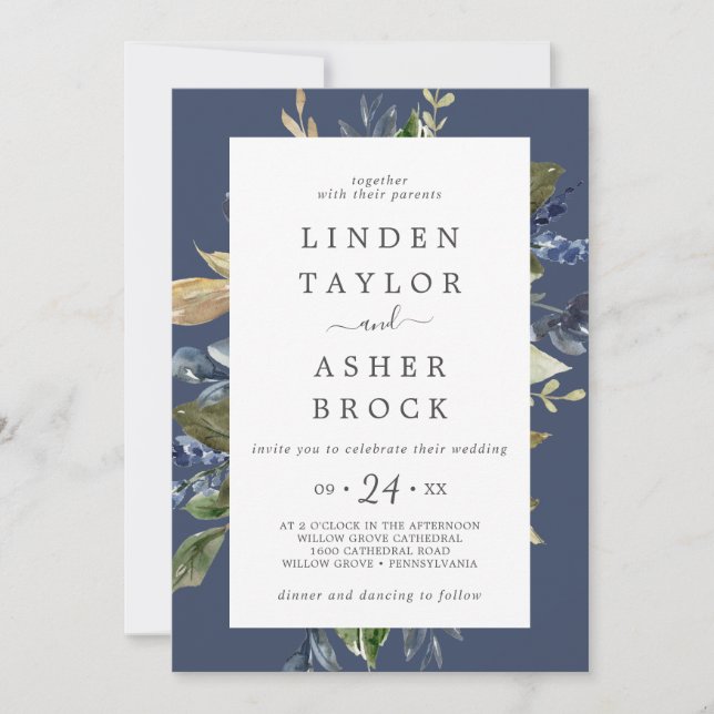 Invitation Végétation d'automne | Navy Bold Names Mariage (Devant)