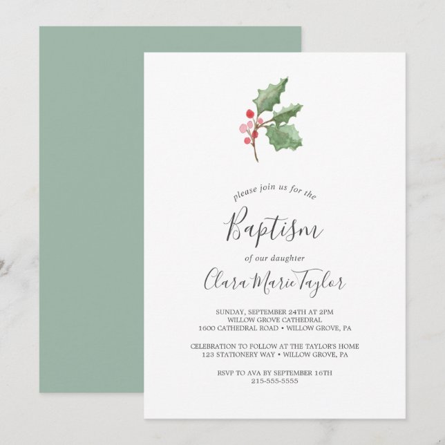 Invitation Végétation de Noël & Baptême de Berry Rouge (Devant / Derrière)