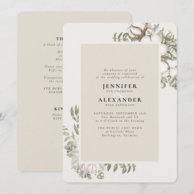 Invitation Végétation d'hiver Crème florale RSVP QR Code Mari (Devant / Derrière)
