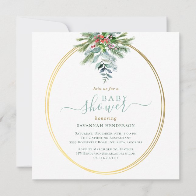Invitation Végétation d'hiver et Baby shower d'or (Devant)