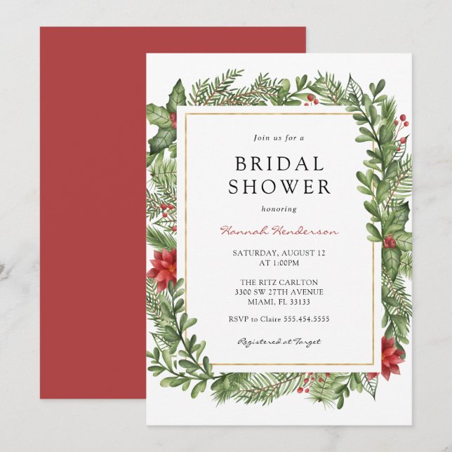 Invitation Végétation d'hiver Fête des mariées cadre or (Devant / Derrière)