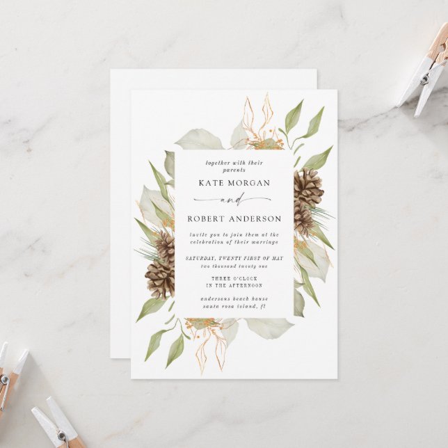 Invitation Végétation d'hiver Golden Elegant Mariage Invitati (Devant/Arrière en situation)