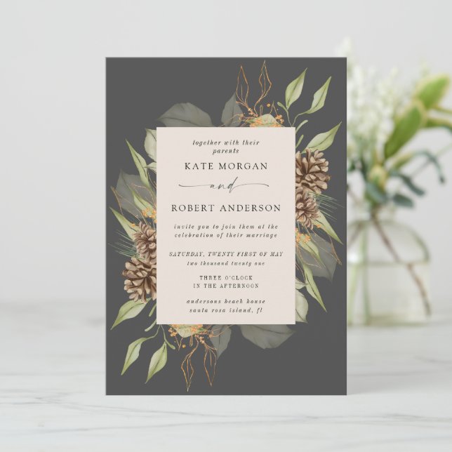Invitation Végétation d'hiver Golden Elegant Mariage Invitati (Debout devant)