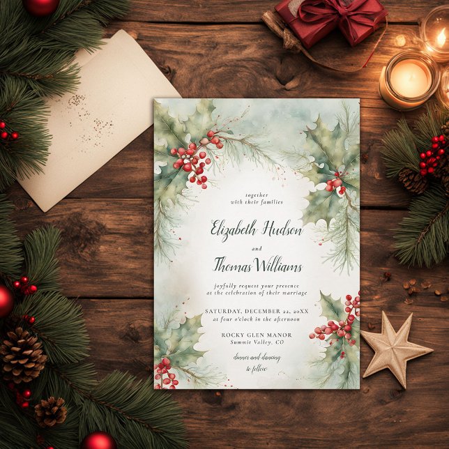 Invitation Végétation d'hiver Noël Moderne Vintage Mariage (winter wedding invitation christmas berries elegant rustic modern vintage watercolor calligraphy)