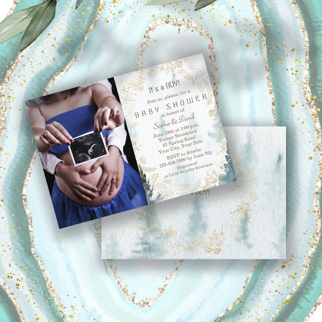 Invitation Végétation d'hiver Wreath Gold Photo Baby shower g (photo baby shower, winter baby shower invite, trendy watercolour winter scenery baby shower, gold)