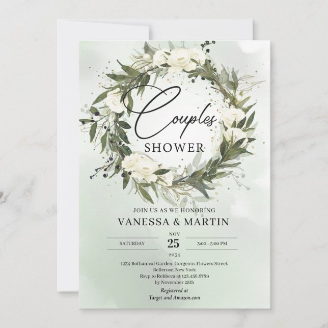 Invitation Végétation en couronne d'olive roses blanches coup (Devant)
