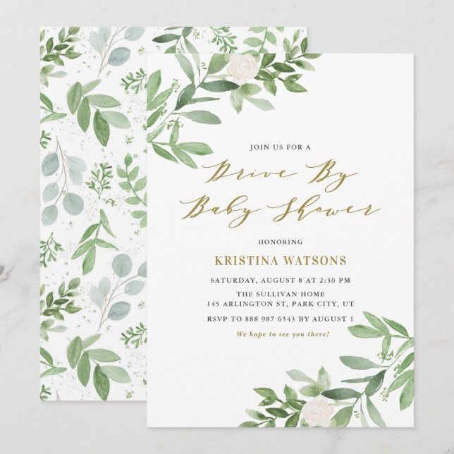 Invitation Végétation et fleurs blanches au Baby shower (Devant / Derrière)