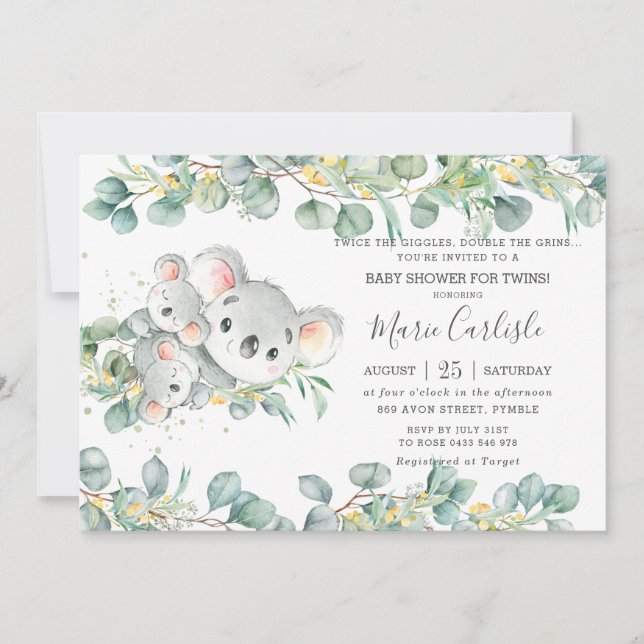 Invitation Végétation florale rose Koala Baby shower Twins   (Devant)