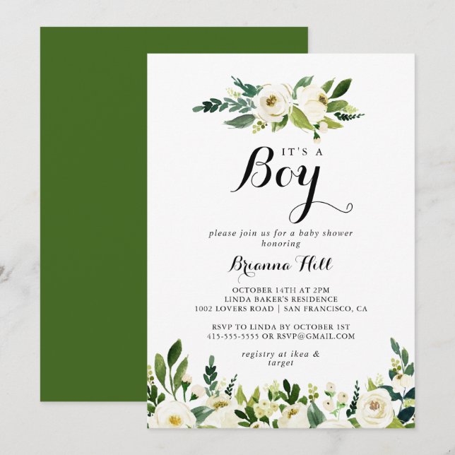 Invitation Végétation Flore blanche C'est un Baby shower garç (Devant / Derrière)